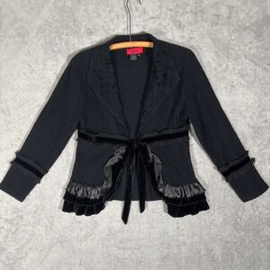 Carina Black 100% Wool Ruffle Velvet Tie Front Cardigan Jacket Victorian Medium